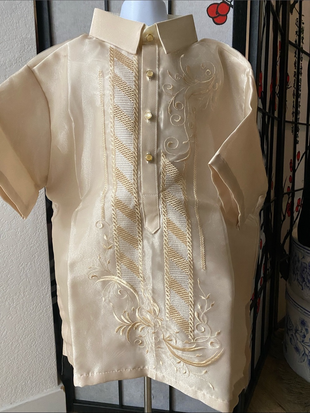Kids' Embroidered Barong Tagalog Size 18 Button-Down Shirt in Mocha